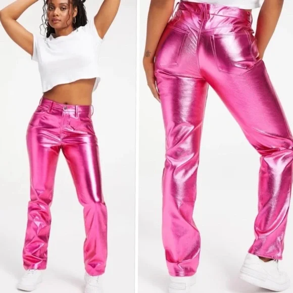 GOOD AMERICAN GOOD ICON High Rise Straight Jeans in Powder Pink Metallic Sz 6/28